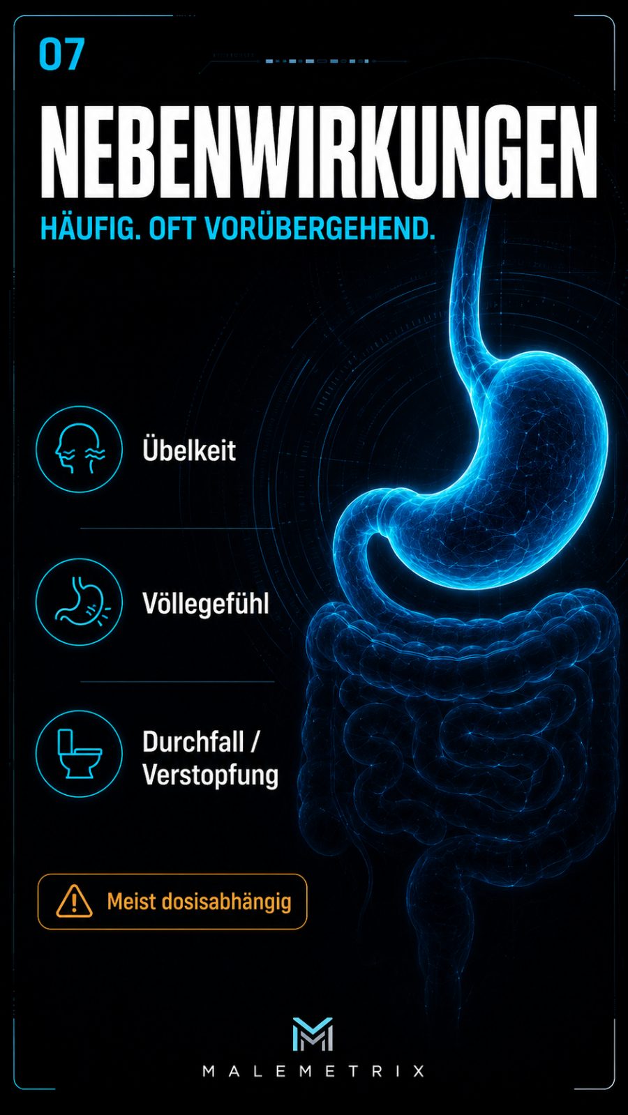 Häufige, oft vorübergehende Nebenwirkungen: Übelkeit, Völlegefühl, Durchfall oder Verstopfung — meist dosisabhängig.