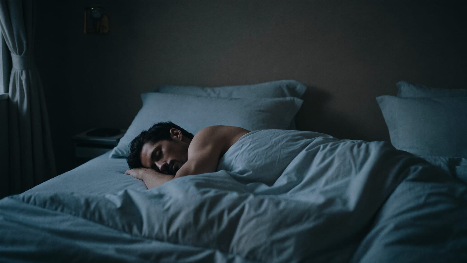 Mann schläft ruhig im dunklen Schlafzimmer