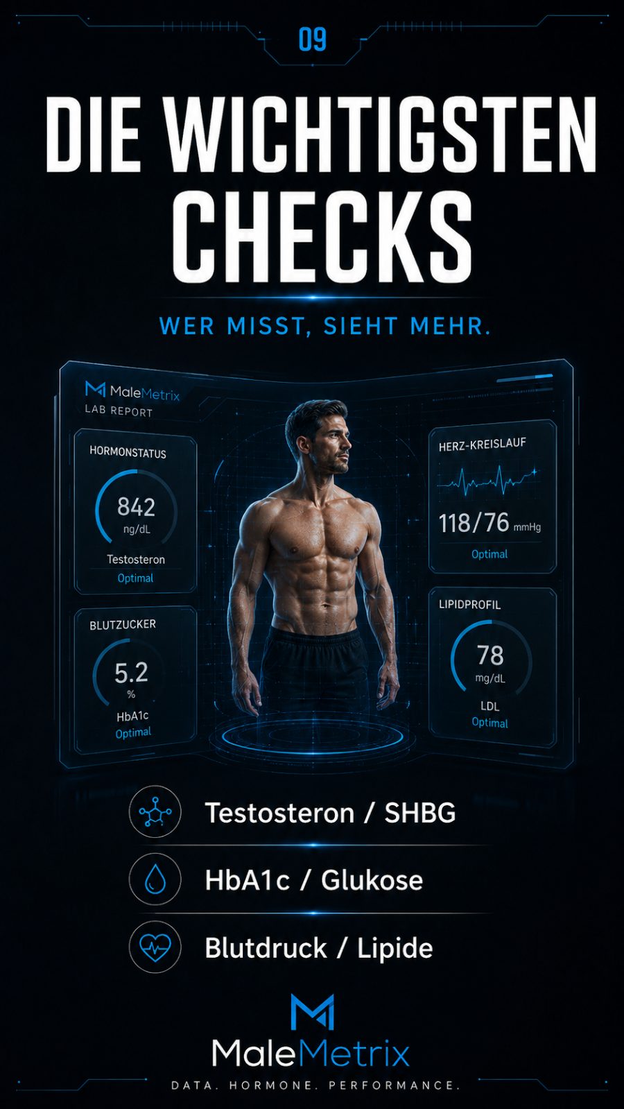 Die wichtigsten Checks: Testosteron/SHBG, HbA1c/Glukose, Blutdruck/Lipide