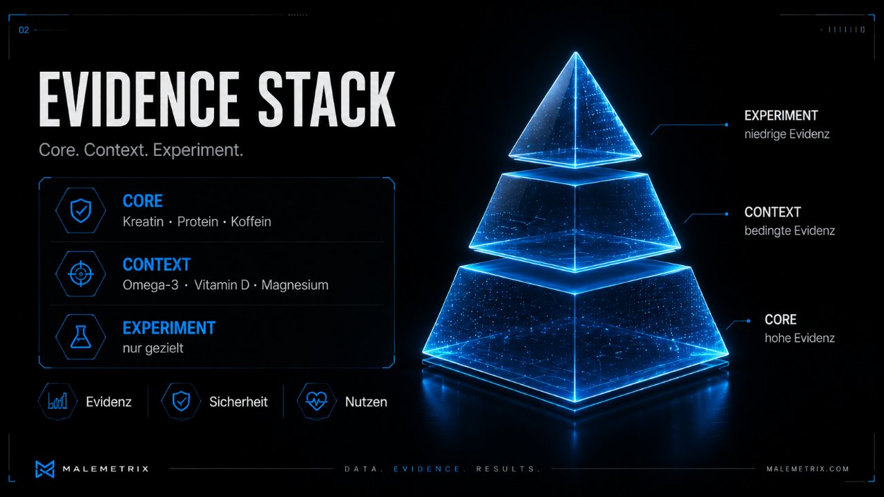 Evidence Stack: Core, Context, Experiment — hohe, bedingte und niedrige Evidenz