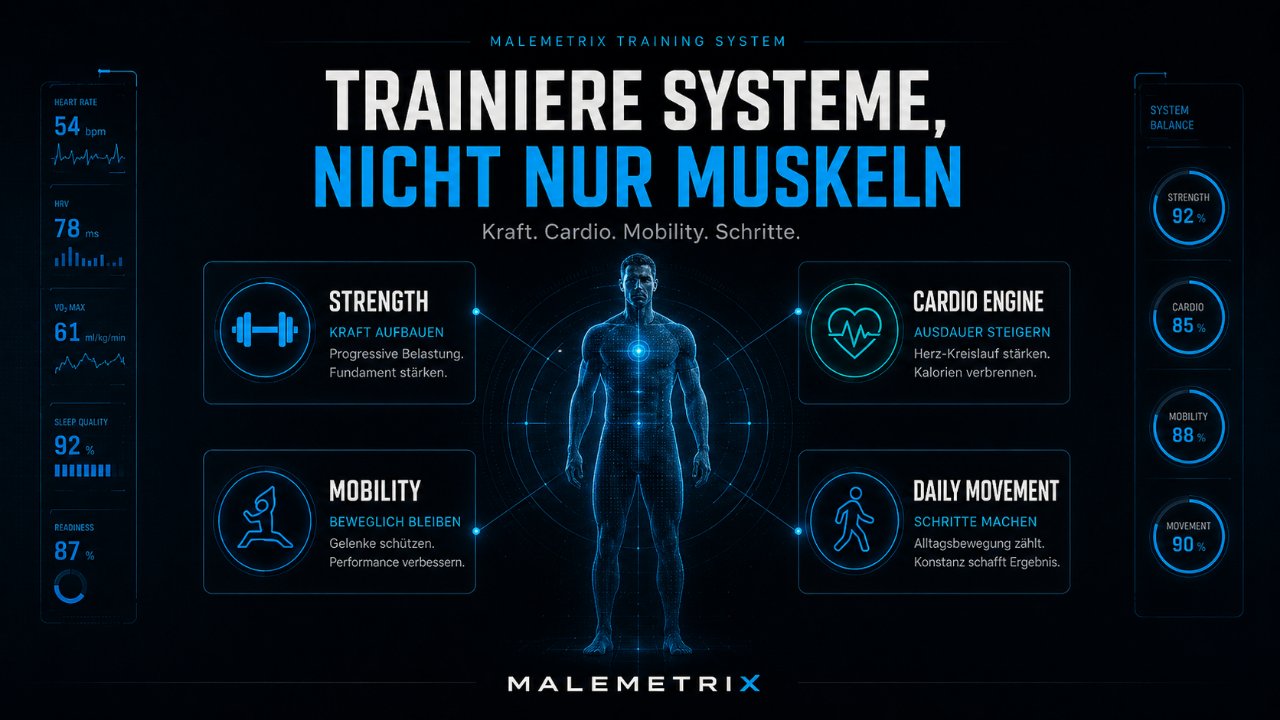 Trainiere Systeme, nicht nur Muskeln: Kraft, Cardio, Mobility und Alltagsbewegung